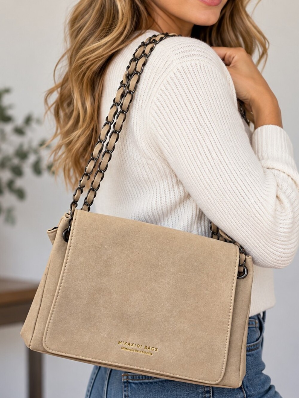 MIKAXI01 Bags Women’s Beige Shoulder Bag Chain Strap Flap Purse Australia